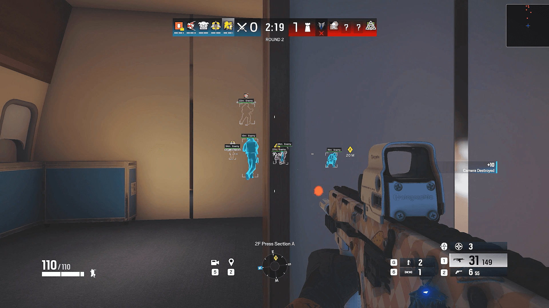 The same scene with the cheat overlay active: enemies outlined through walls with distance and name tags