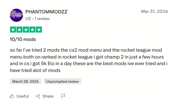 Trustpilot review from PHANTOMMODZZ, five stars: “10/10 mods”