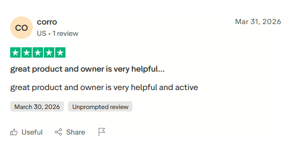 Trustpilot review from corro, five stars: “great product and owner is very helpful”
